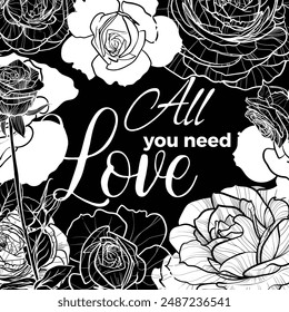 Contorno de Vector blanco y rosas de relleno en un formato cuadrado con texto en el medio. Flores de Vector con brotes, flores y hojas en un diseño estilizado para tarjetas, Anuncios, estampados.