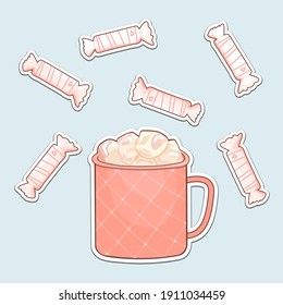 White vector outline isolated flat candies with hearts, pink patterned cup of hot coffee or chocolate and cartoon marshmallows on blue background for Valentines day. Stickers effect