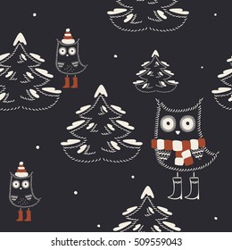 White vector owl with snow and spruce. Christmas background, New Year texture, vector design.