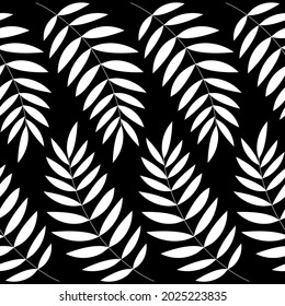 Ramas de palma vectoriales blancas sin fisuras. Resumen de silueta de planta elegante sobre un fondo negro para el diseño, textura, impresión, envoltura, textil, papel tapiz, embalaje