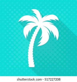 White vector palm tree flat icon turquoise background