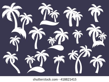 White vector palm tree silhouette icons collection isolated 