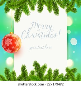 White vector paper background with fir tree branches and red Christmas ball