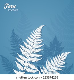 White vector paper fern leaves on blue background