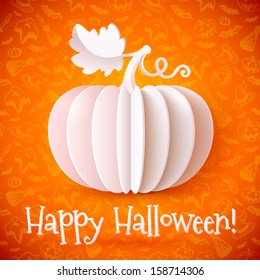 White vector paper Halloween pumpkin on ornate orange background