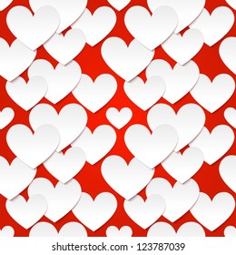 White vector paper hearts abstract seamless pattern on red background