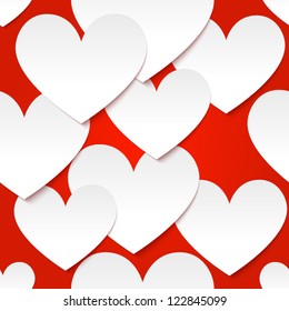 White vector paper hearts at red background seamless pattern