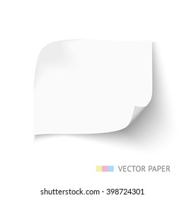 White vector paper sheet with curved corners and soft shadow isolated on white. Paper note template for web banner. 