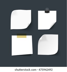 White vector paper sheets with curved corners and soft shadow isolated on dark background. Paper note template for web banner. Post it paper