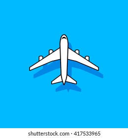 White vector plane flying over blue sky. Abstract travel design
