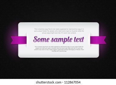 White vector plastic badge / banner with purple ribbons on black striped background