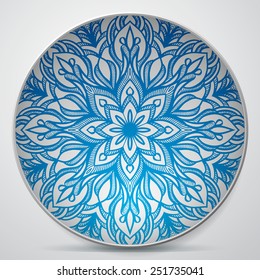 White vector plate with russian ornament in blue color