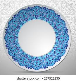 White vector plate with russian ornament in blue color