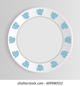 White vector plate or saucer mock up isolated on grey background.  Flowers circuit on plate. Floral antique ornament on saucer. Top view