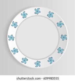 White vector plate or saucer mock up isolated on grey background.  Flowers circuit on plate. Floral antique ornament on saucer. Top view