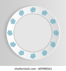 White vector plate or saucer mock up isolated on grey background.  Flowers circuit on plate. Floral antique ornament on saucer. Top view