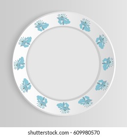 White vector plate or saucer mock up isolated on grey background.  Flowers circuit on plate. Floral antique ornament on saucer. Top view