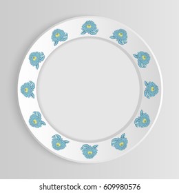White vector plate or saucer mock up isolated on grey background.  Flowers circuit on plate. Floral antique ornament on saucer. Top view