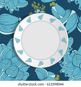 White vector plate or saucer mock up isolated on tablecloth with summer flowers background. Flowers circuit on plate. Floral seamless pattern textile and antique ornament on saucer.  Top view