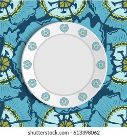 White vector plate or saucer mock up isolated on tablecloth with summer flowers background. Flowers circuit on plate. Floral seamless pattern textile and antique ornament on saucer.  Top view