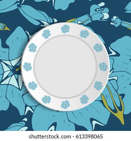 White vector plate or saucer mock up isolated on tablecloth with summer flowers background. Flowers circuit on plate. Floral seamless pattern textile and antique ornament on saucer.  Top view