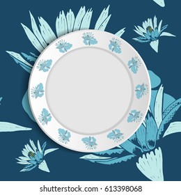 White vector plate or saucer mock up isolated on tablecloth with summer flowers background. Flowers circuit on plate. Floral seamless pattern textile and antique ornament on saucer.  Top view