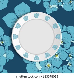 White vector plate or saucer mock up isolated on tablecloth with summer flowers background. Flowers circuit on plate. Floral seamless pattern textile and antique ornament on saucer.  Top view
