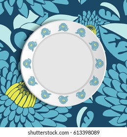 White vector plate or saucer mock up isolated on tablecloth with summer flowers background. Flowers circuit on plate. Floral seamless pattern textile and antique ornament on saucer.  Top view
