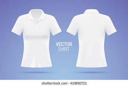 White Vector Polo Shirt. Women's Shirt Template Isolated On Purple Background. Realistic Mockup.