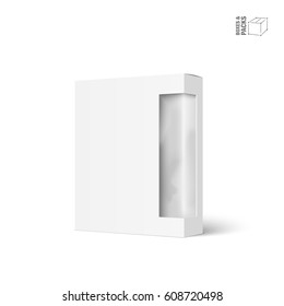 White vector product package box with window. Isolated on white background. With marked place to insert your design