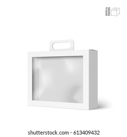 White vector product package box with window. Isolated on white background. With marked place to insert your design