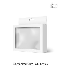 White vector product package box with window. Isolated on white background. With marked place to insert your design