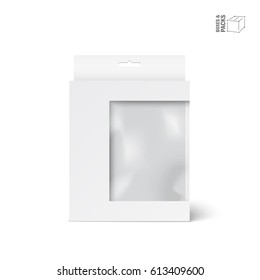 White vector product package box with window. Isolated on white background. With marked place to insert your design