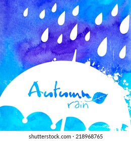 White vector rain and umbrella on watercolor painted background