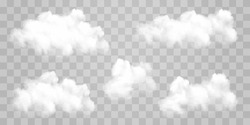 White vector realistic cloud set. Vector weather element on png background. Cloud texture, smoke, nature sky or foggy nature illustration isolated on transparent background.