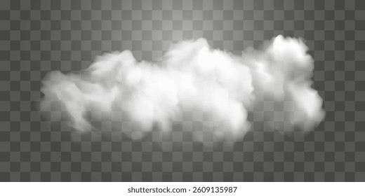 White vector realistic cloud. Vector weather element on png background. Cloud texture, nature sky or foggy nature illustration isolated on transparent background.