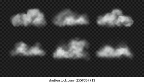 White vector realistic fluffy clouds, fog, smoke, haze. Set of steam clouds isolated on transparent background