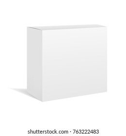 White vector realistic square box package mockup for your design. Blank rectangular container or cardboard template for cosmetic, medicine, software, appliance products.