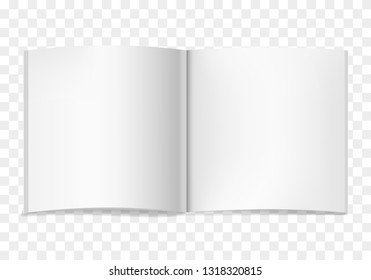 White vector realistic square opened book or journal mock up. Blank open pages of sketchbook or notebook template for catalog, brochure design