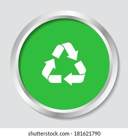 White vector recycle sign on green button