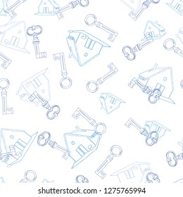 White vector reepat pattern with light blue key and house. Surface pattern design.