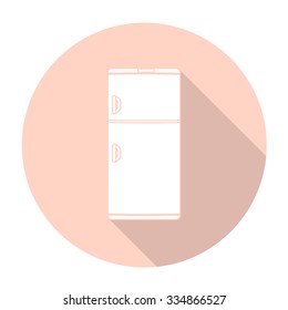 White vector refrigerator on color circle background.