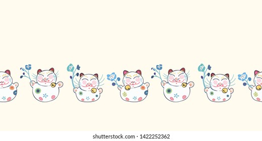 White vector repeat bordern with happy maneki neko cat and blue florals. Japan inspired pattern. Comic style. Perfect for paper and textile projects or events. Surface pattern design.