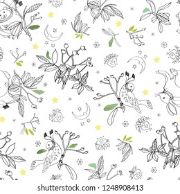 White vector repeat pattern with black line art rose plant, buds, mouse, rabbit and bird. Christmas pattern. Nursery. Surface pattern design.