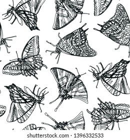 White vector repeat pattern with black line art butterfly. Modern background.