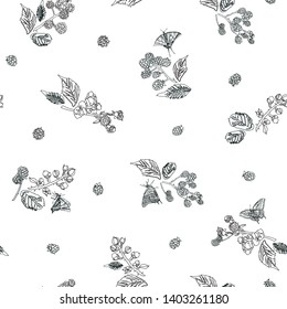 White vector repeat pattern with black line art butterfly, florals, leaf and doodle style. Modern background.