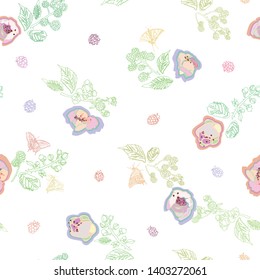 White vector repeat pattern with black line art butterfly, florals, leaf, blossom and doodle style. Modern background.