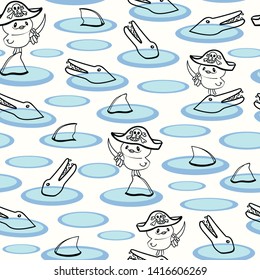 White vector repeat pattern with black line art duck pirat, shark and crocodile. Funny and cute pattern perfect for paper and textile projects. Japan inspired.