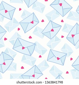 White vector repeat pattern with blue love letter and pink hearts. Valentine, weddings, invitations.