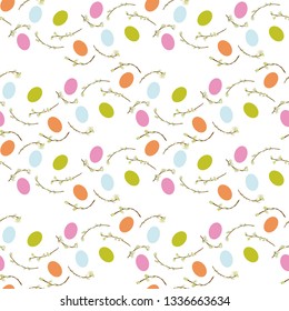 White vector repeat pattern with cherry fower and easter egg. Easter. Surface pattern design.